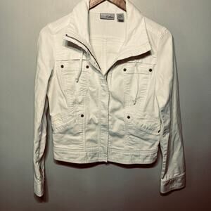 Chico's Platinum Jacket White Cotton Denim Full Zip Tie Neck Vacation Casual 0
